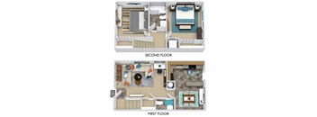a comparison of a second floor and first floor of a hotel room
