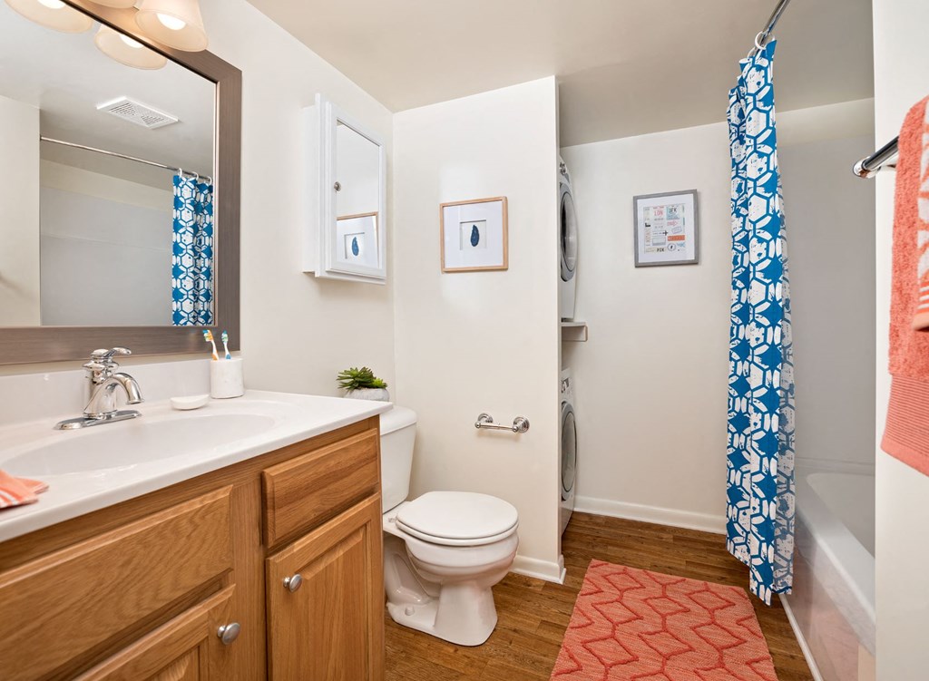 a bathroom with a toilet sink and shower and a mirror