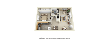 A 3D floor plan of a small apartment with a kitchen, living room, and bedroom.