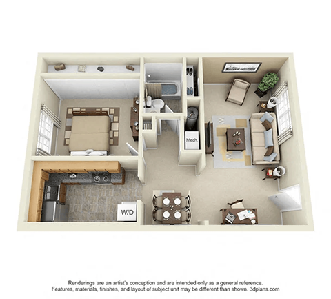 A 3D floor plan of a small apartment with a kitchen, living room, and bedroom.