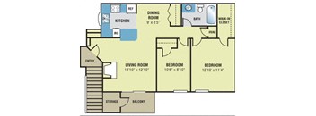 A floor plan of a home with a living room, two bedrooms, a dining room, kitchen, bathroom, and storage.