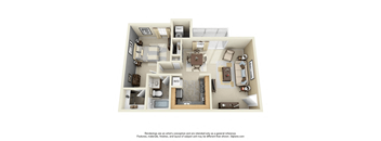 A 3D floor plan of a house with furniture and appliances.