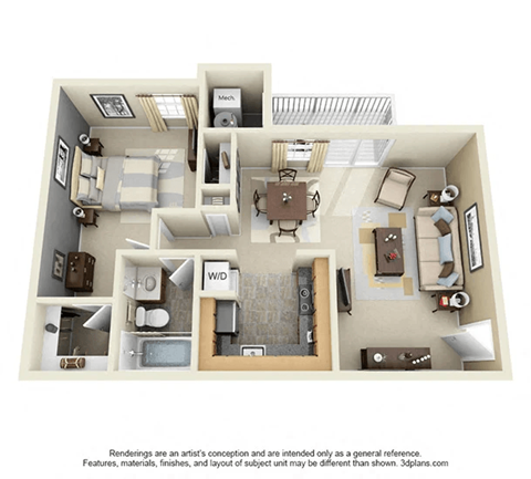 A 3D floor plan of a house with furniture and appliances.