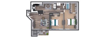 A floor plan of a small apartment with a kitchen, living room, and bathroom.