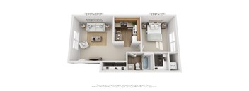 a 3d floor plan with a bedroom and a bathroom