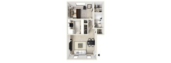 a stylized floor plan with a bedroom and a living room