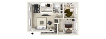 a stylized floor plan with a bedroom and a living room