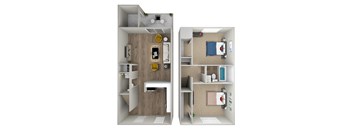 a stylized floor plan with a bedroom and a living room