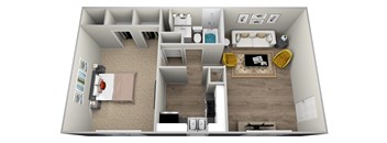 a 3d rendering of a 1 bedroom floor plan with a bathroom and living room