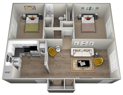 a 3d drawing of a floor plan with bedrooms and a living room