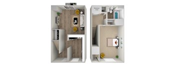 a stylized floor plan with a bedroom and a living room