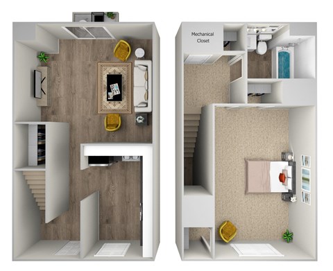 a stylized floor plan with a bedroom and a living room