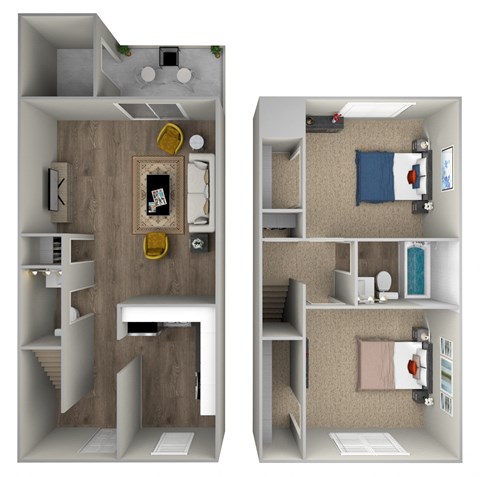 a stylized floor plan with a bedroom and a living room