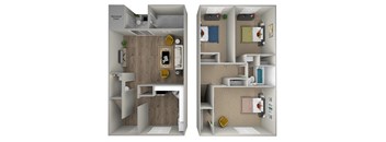 two views of a floor plan with a bedroom and a living room