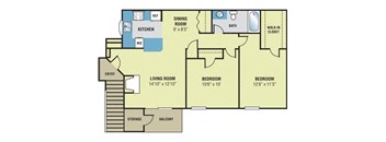 A floor plan of a house with a living room, two bedrooms, a kitchen, a bathroom, a walk-in closet, and a balcony.