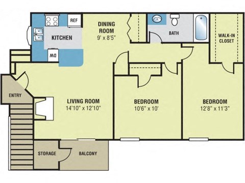 A floor plan of a house with a living room, two bedrooms, a kitchen, a bathroom, a walk-in closet, and a balcony.