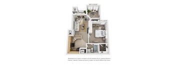 a stylized floor plan with a bedroom and a living room