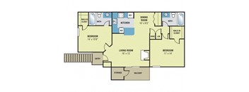 A floor plan of a house with a living room, two bedrooms, a kitchen, a dining room, a bathroom, a balcony, and storage.