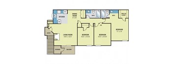 A floor plan of a house with a living room, dining room, kitchen, and four bedrooms.