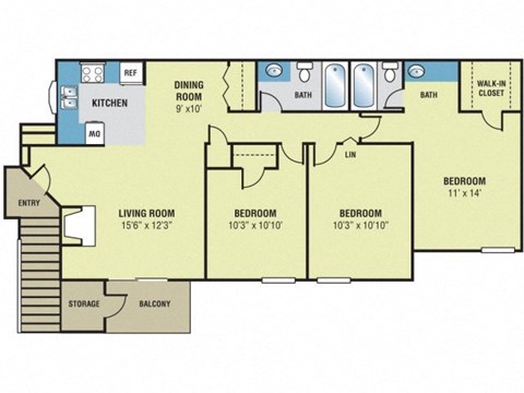 A floor plan of a house with a living room, dining room, kitchen, and four bedrooms.