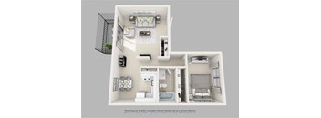A 3D floor plan of a small apartment with a kitchen, living room, and bathroom.