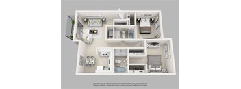 A 3D floor plan of a house with multiple rooms and furniture.