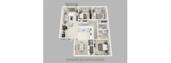 A 3D floor plan of a small apartment with a kitchen, living room, and bedrooms.
