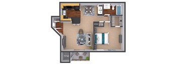 A floor plan of a room with a kitchen, living room, and bathroom.