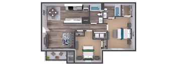 A floor plan of a small apartment with a kitchen, living room, and bathroom.