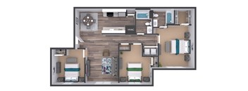 A floor plan of a house with a kitchen, living room, and two bedrooms.