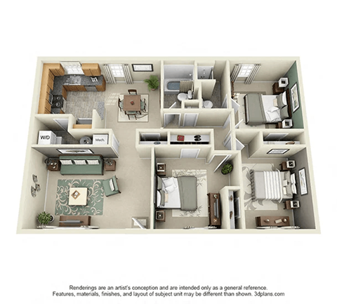 A 3D floor plan of a house with labeled rooms.