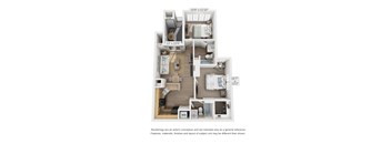 A floor plan of a small apartment with a kitchen, living room, and two bedrooms.