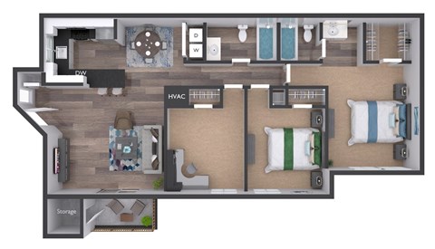 A 3D floor plan of a house layout.