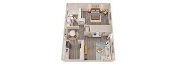 A top-down view of a small apartment with a bedroom, living room, and kitchen.