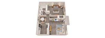A top-down view of a small, neatly organized apartment with a living area, kitchen, and two bedrooms.