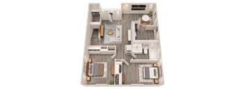 A top-down view of a house layout with a living room, dining area, kitchen, and two bedrooms.
