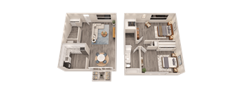 Two images of a house layout with a living room, kitchen, and bedrooms.