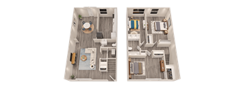 Two images of a house layout with a living room, kitchen, and bedrooms.
