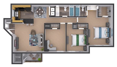 A 3D floor plan of a house layout.