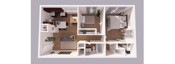 A 3D floor plan of a small apartment with a kitchen, living room, and bathroom.
