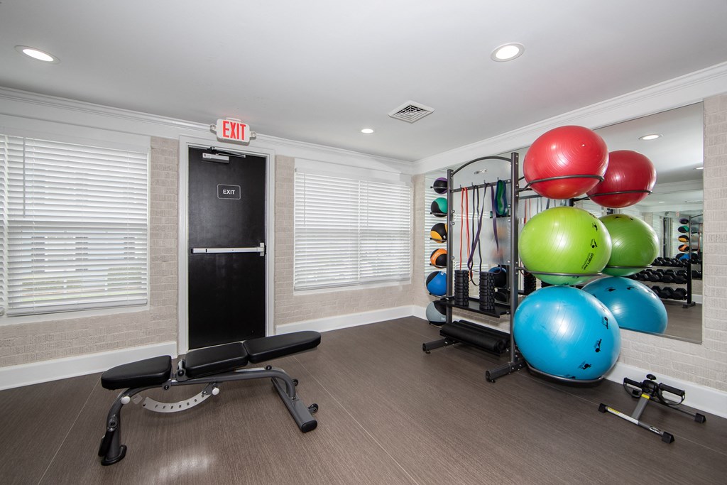 A gym with a bench, weights, and a mirror.