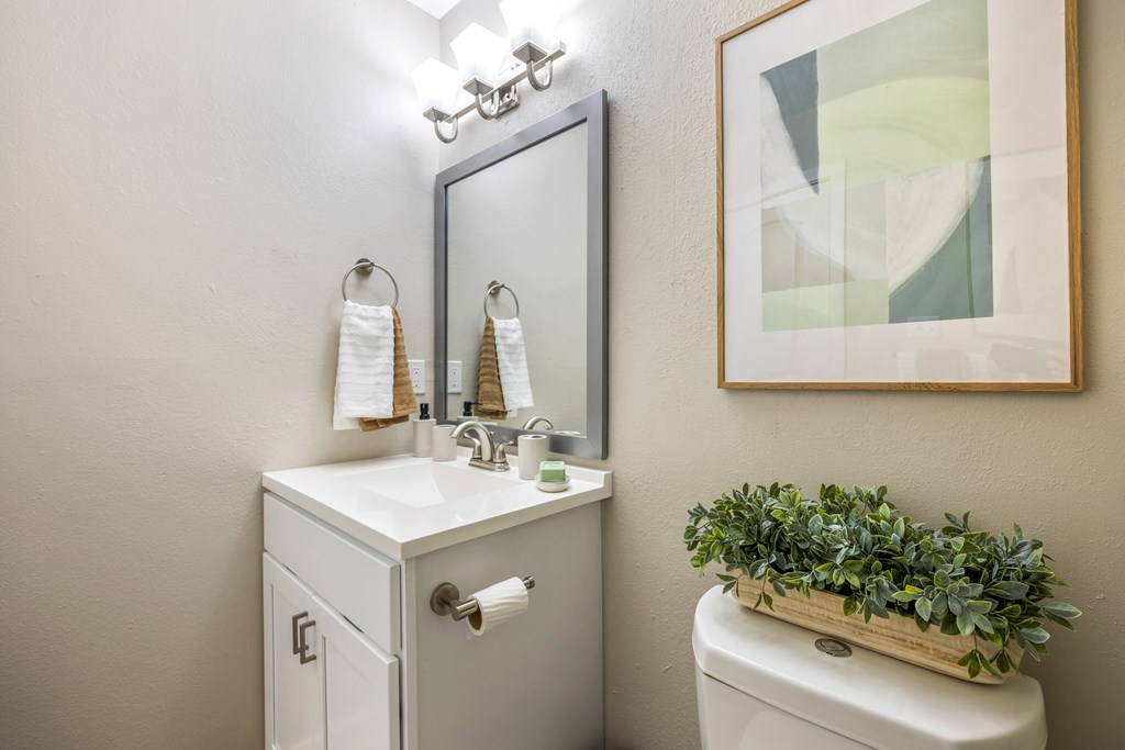 A bathroom with a toilet, sink, mirror, and a plant.
