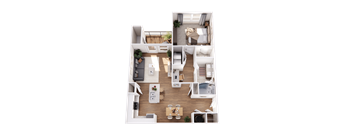 A top-down view of a small apartment layout with a kitchen, living room, and bedroom.