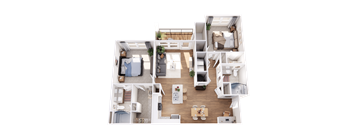 A top-down view of a house layout with a kitchen, living room, and bedrooms.