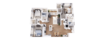 A detailed 3D floor plan of a two-bedroom apartment.