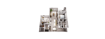 A 3D floor plan of a house showing a kitchen, living room, dining room, and two bedrooms.