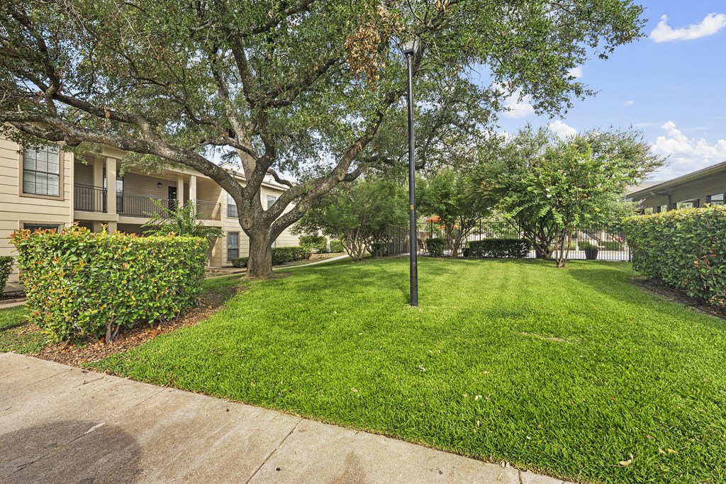 a yard with grass and trees in front of a building  at Parks on the Green, Temple, Texas
