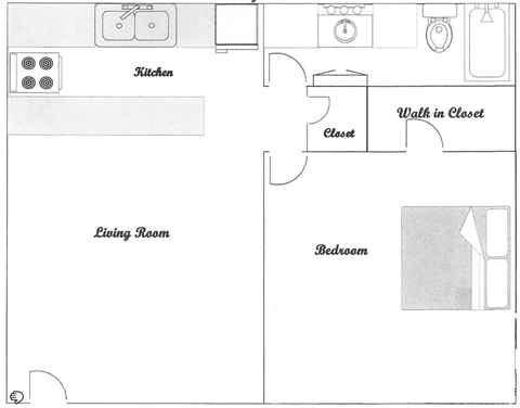 1 Bedroom 1 bath D Floor Plan at Tuscany Apartments, Texas, 76904