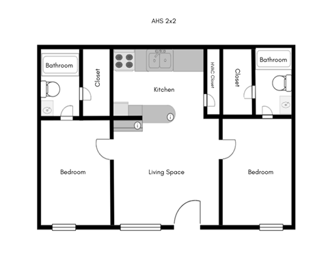 A floor plan of an apartment with two bedrooms, a living space, a kitchen, and two bathrooms.