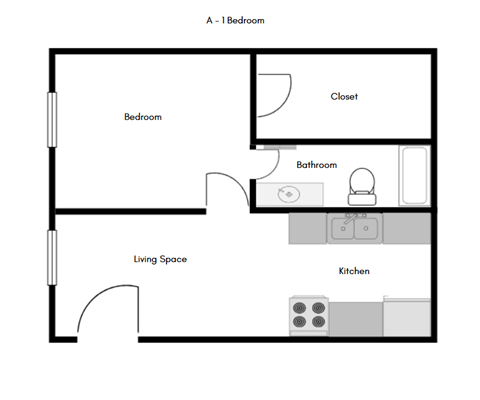 A floor plan of a one bedroom apartment.